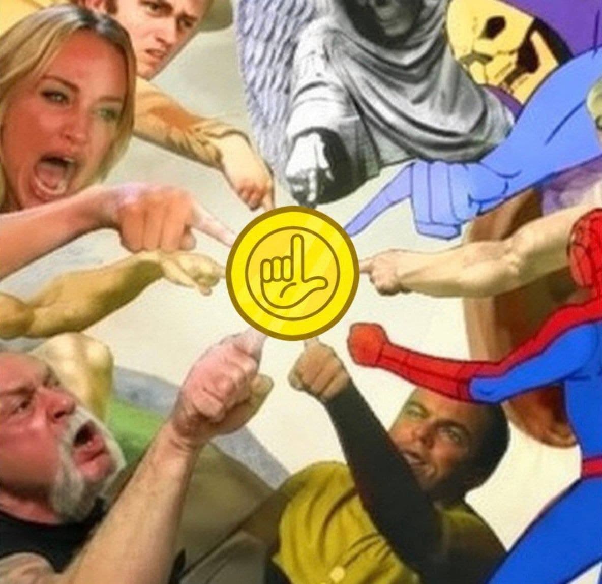 A meme collage: a dozen arms — renaissance figures, cartoon heroes, shouting people — all point at one yellow coin in the middle.